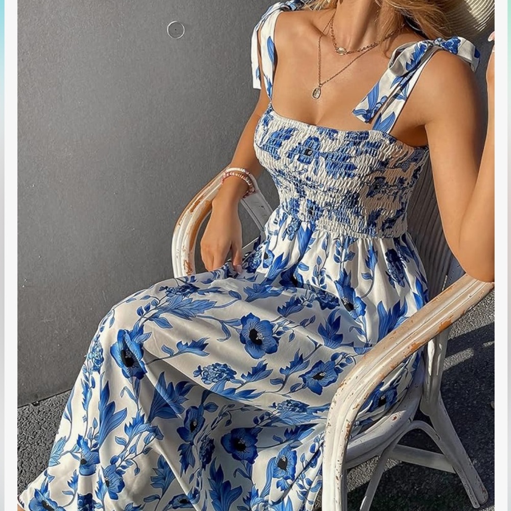 Blue Floral Print Midi Summer Dress